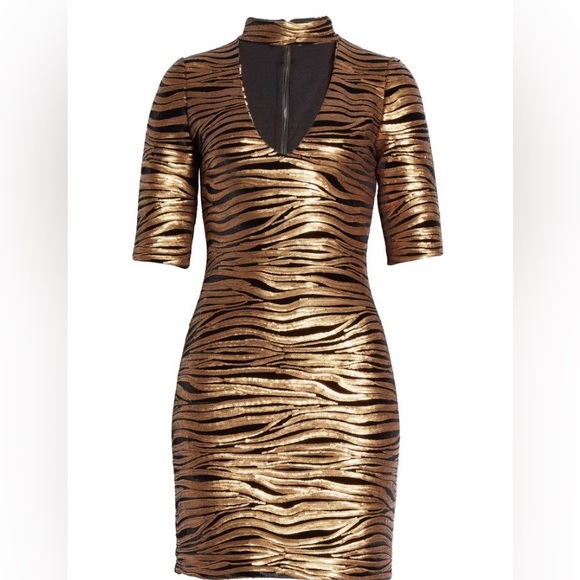 Alice + Olivia Inka Zebra Gold/Black Mini Bodycon Party Dress NWT Sz 6 - Picture 1 of 6